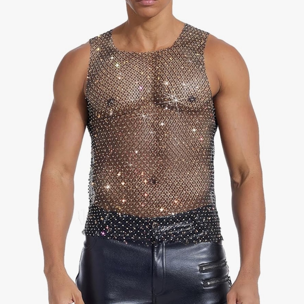 Men's Mesh Rhinestone Tank Topi